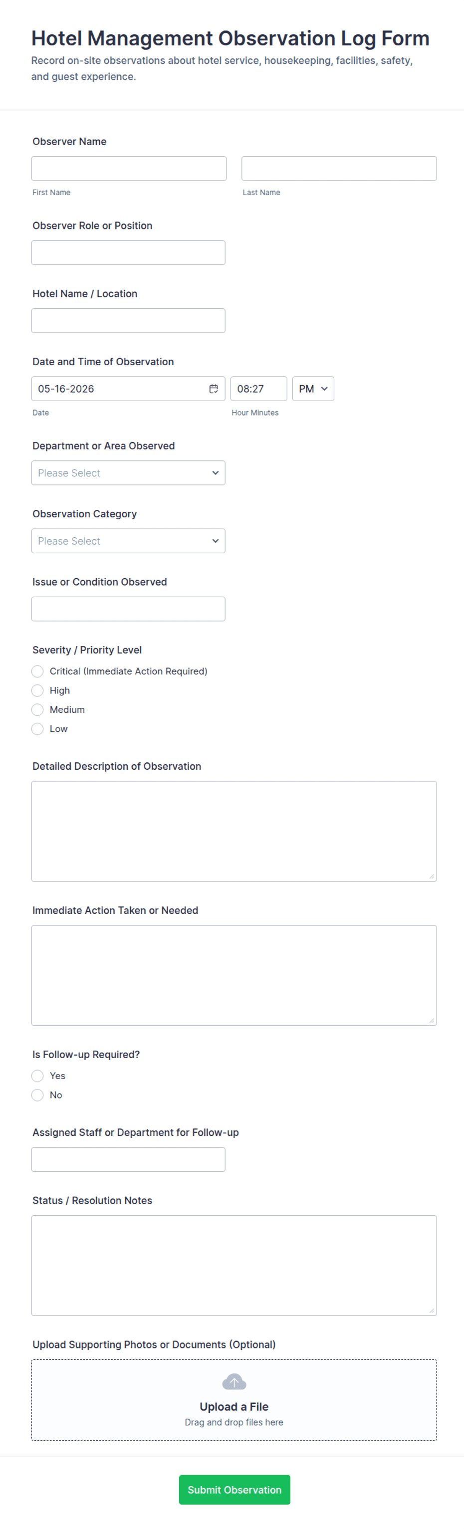 Hotel Management Observation Log Form Template | Jotform