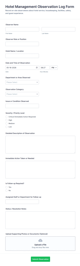 Hotel Management Observation Log Form Template
