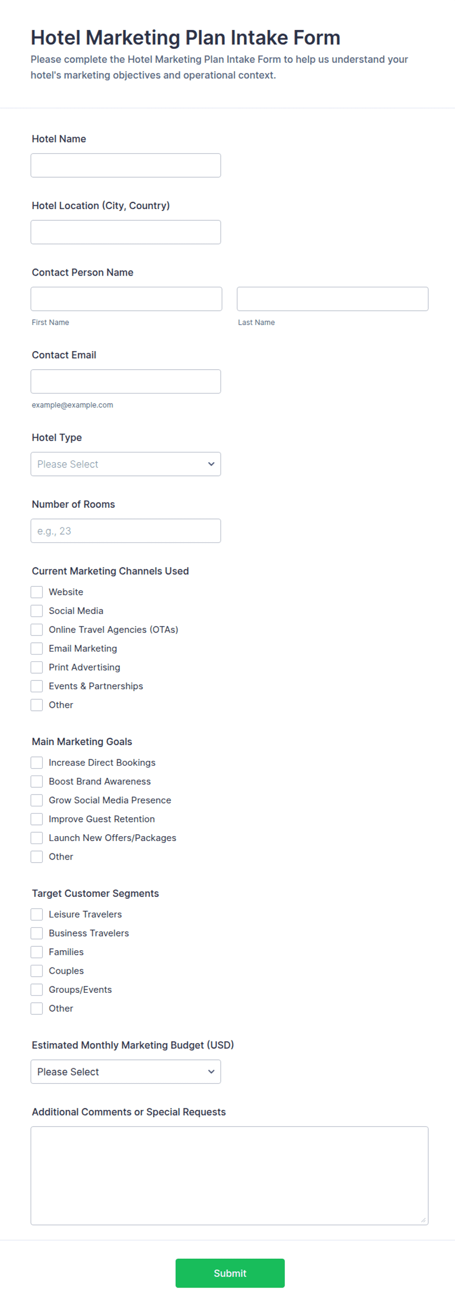 Hotel Marketing Plan Intake Form Template | Jotform