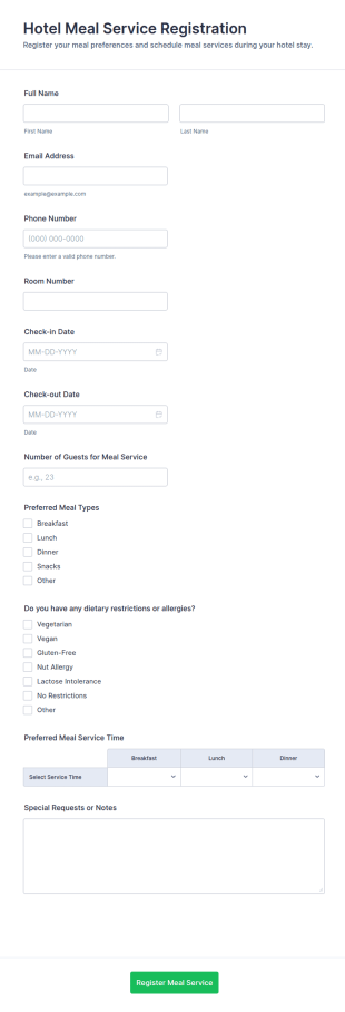 Hotel Meal Service Registration Form Template