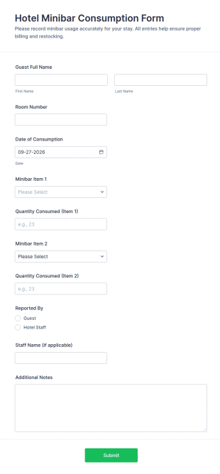 Hotel Minibar Consumption Form Template