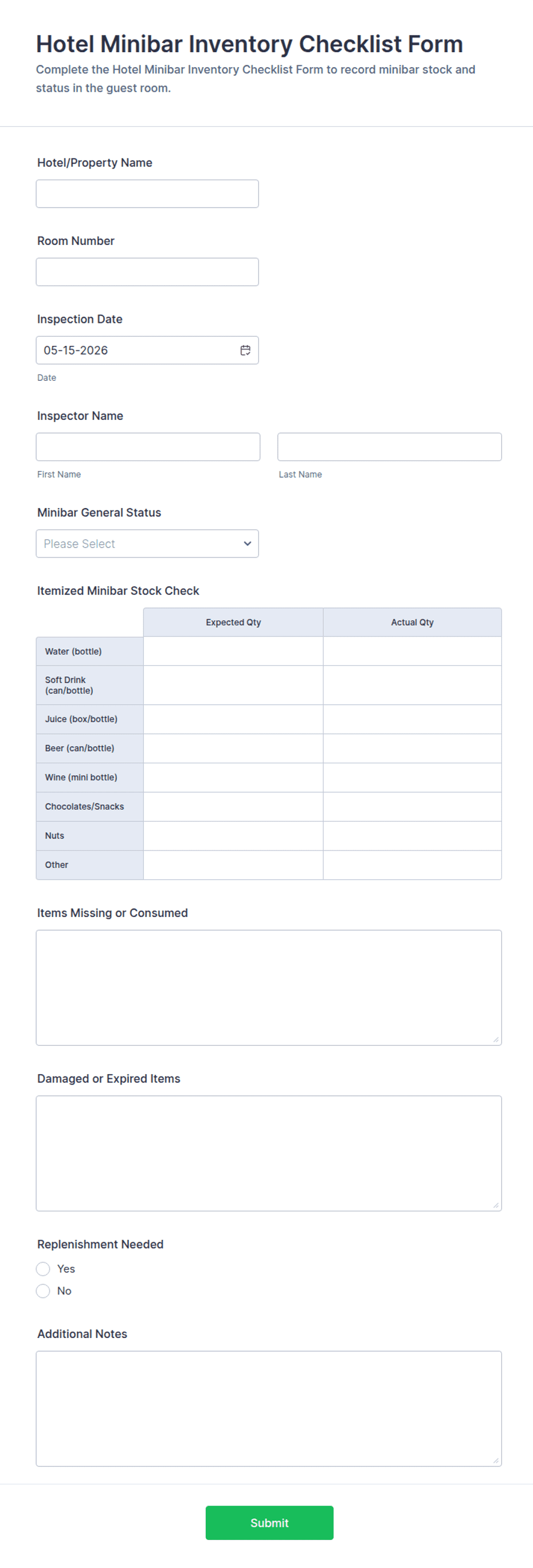 Hotel Minibar Inventory Checklist Form Template | Jotform
