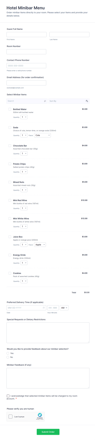Hotel Minibar Menu Form Template