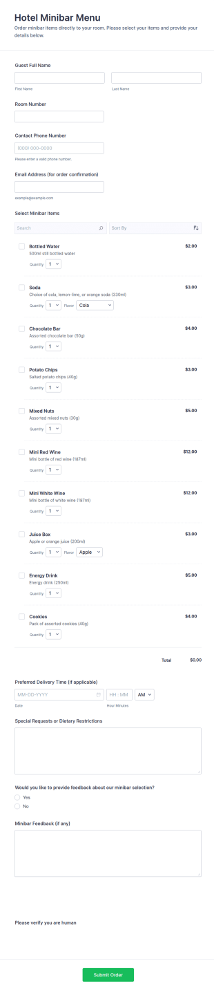 Hotel Minibar Menu Form Template