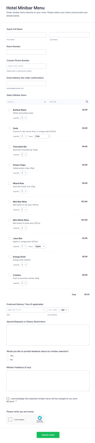 Hotel Minibar Menu Form Template