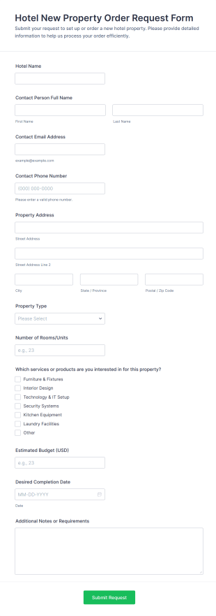 Hotel New Property Order Request Form Template