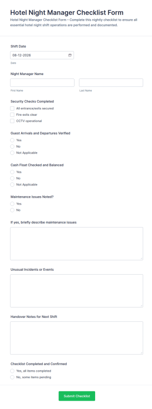 Hotel Night Manager Checklist Form Template