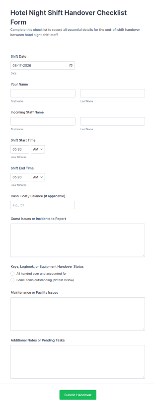 Hotel Night Shift Handover Checklist Form Template