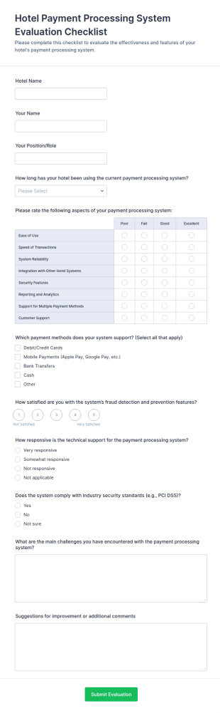 Hotel Payment Processing System Evaluation Checklist Form Template