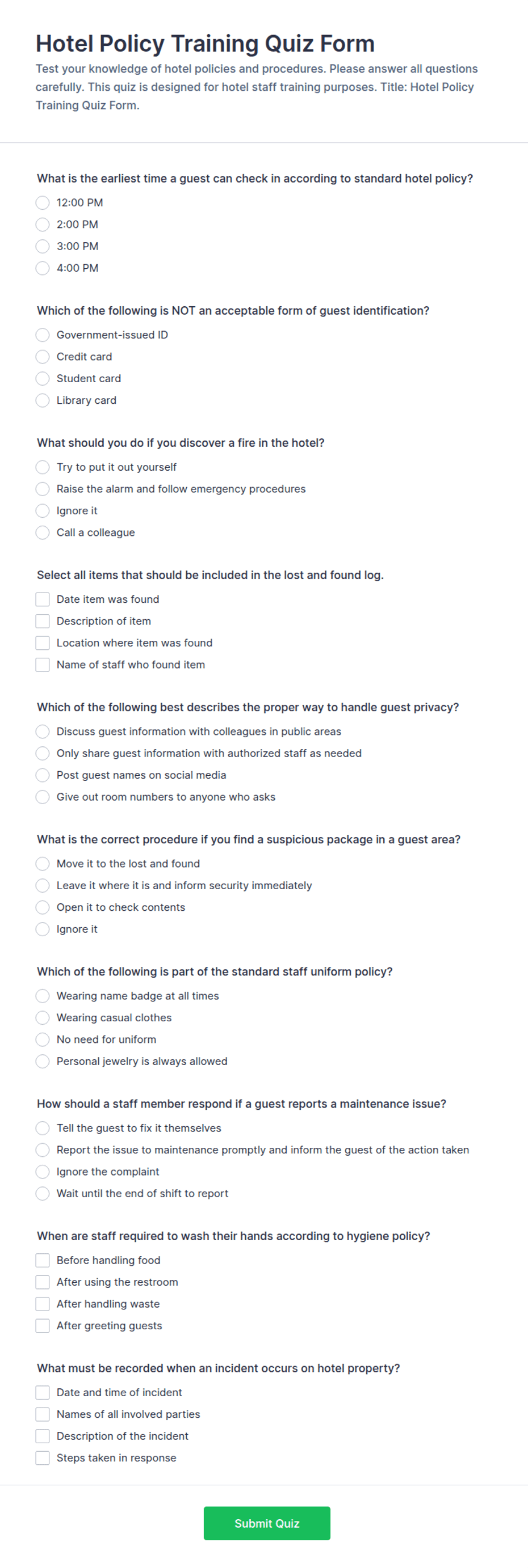 Sample Training Matrix Pdf Hotel Policy Training Quiz Form Template | Jotform