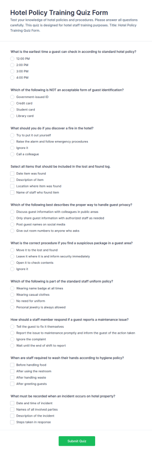 Hotel Policy Training Quiz Form Template