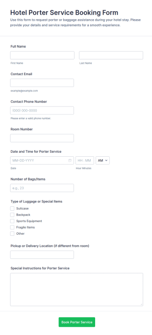 Hotel Porter Service Booking Form Template