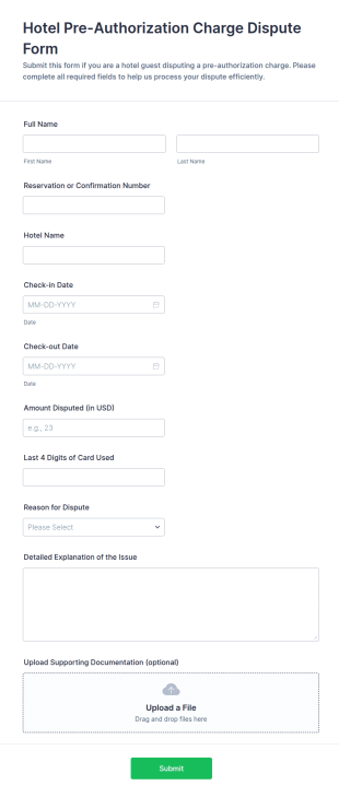 Hotel Pre Authorization Charge Dispute Form Template