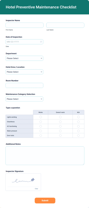 Hotel Preventive Maintenance Checklist Form Template