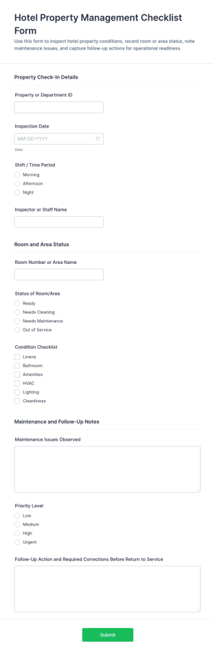 Hotel Property Management Checklist Form Template