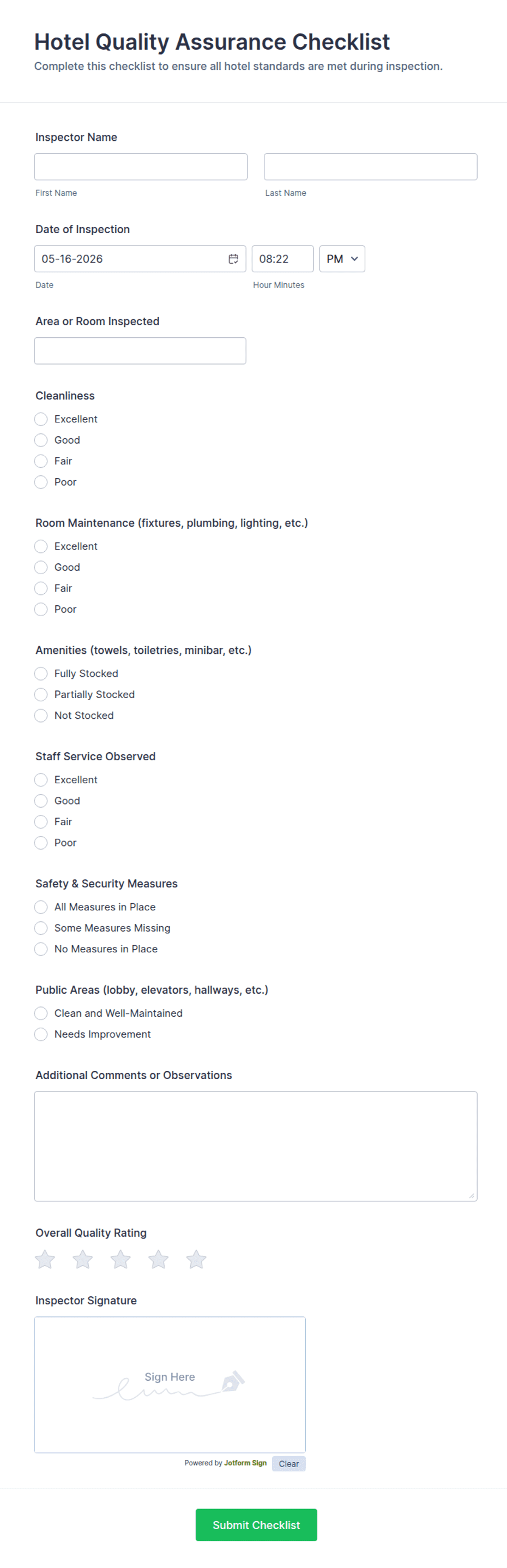 Hotel Quality Assurance Checklist Form Template | Jotform