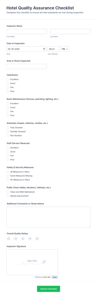 Hotel Quality Assurance Checklist Form Template