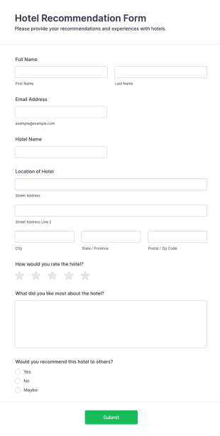 Hotel Recommendation Form Template
