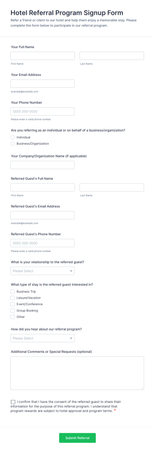 Hotel Referral Program Signup Form Template