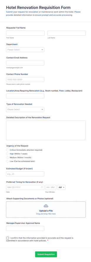 Hotel Renovation Requisition Form Template