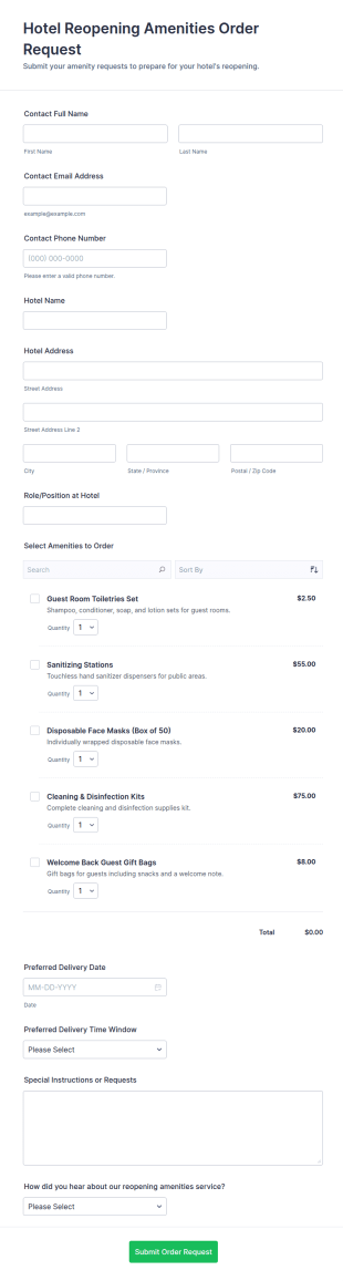 Hotel Reopening Amenities Order Request Form Template