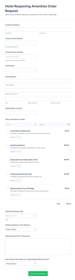 Hotel Reopening Amenities Order Request Form Template