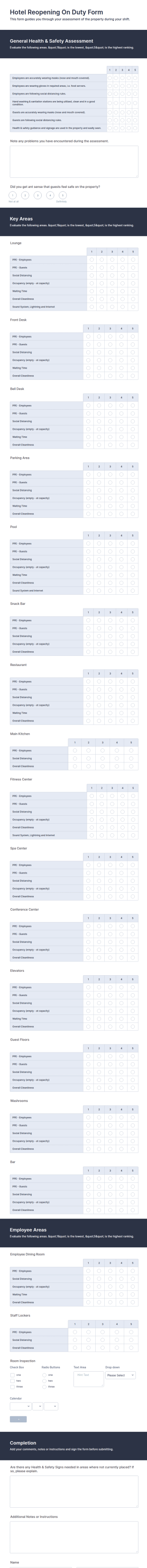 Hotel Reopening On Duty Form Template
