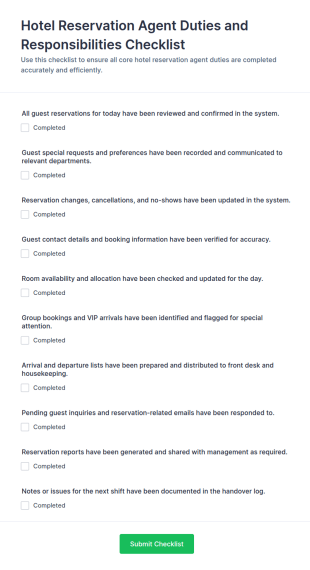 Hotel Reservation Agent Duties And Responsibilities Checklist Form Template