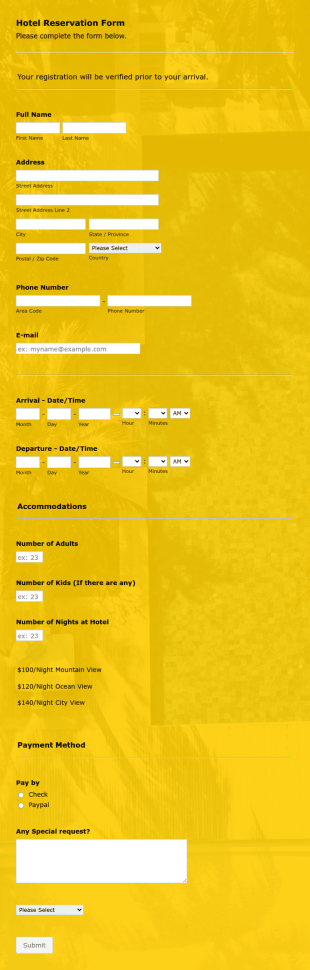 Hotel Reservation Form With Skrill
