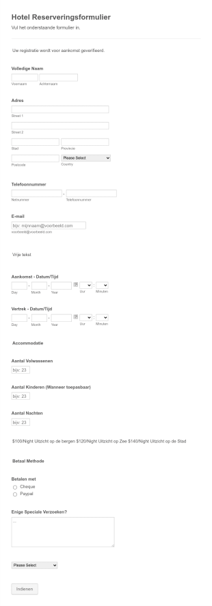 Hotel Reserveringsformulier Form Template