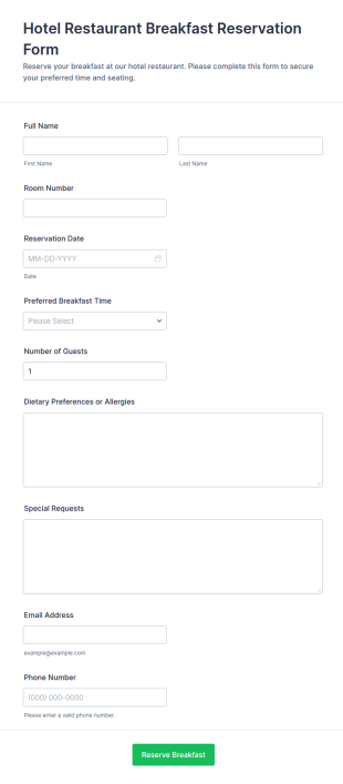 Hotel Restaurant Breakfast Reservation Form Template