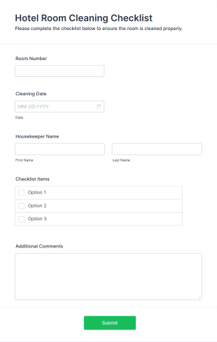 Hotel Room Cleaning Checklist Form Template