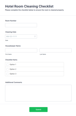 Hotel Room Cleaning Checklist Form Template