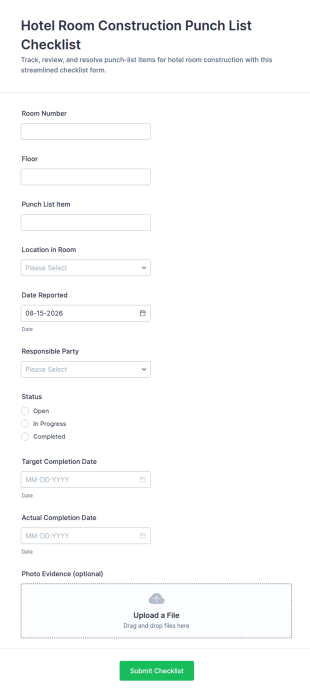 Hotel Room Construction Punch List Form Template