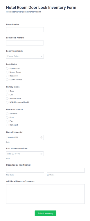 Hotel Room Door Lock Inventory Form Template