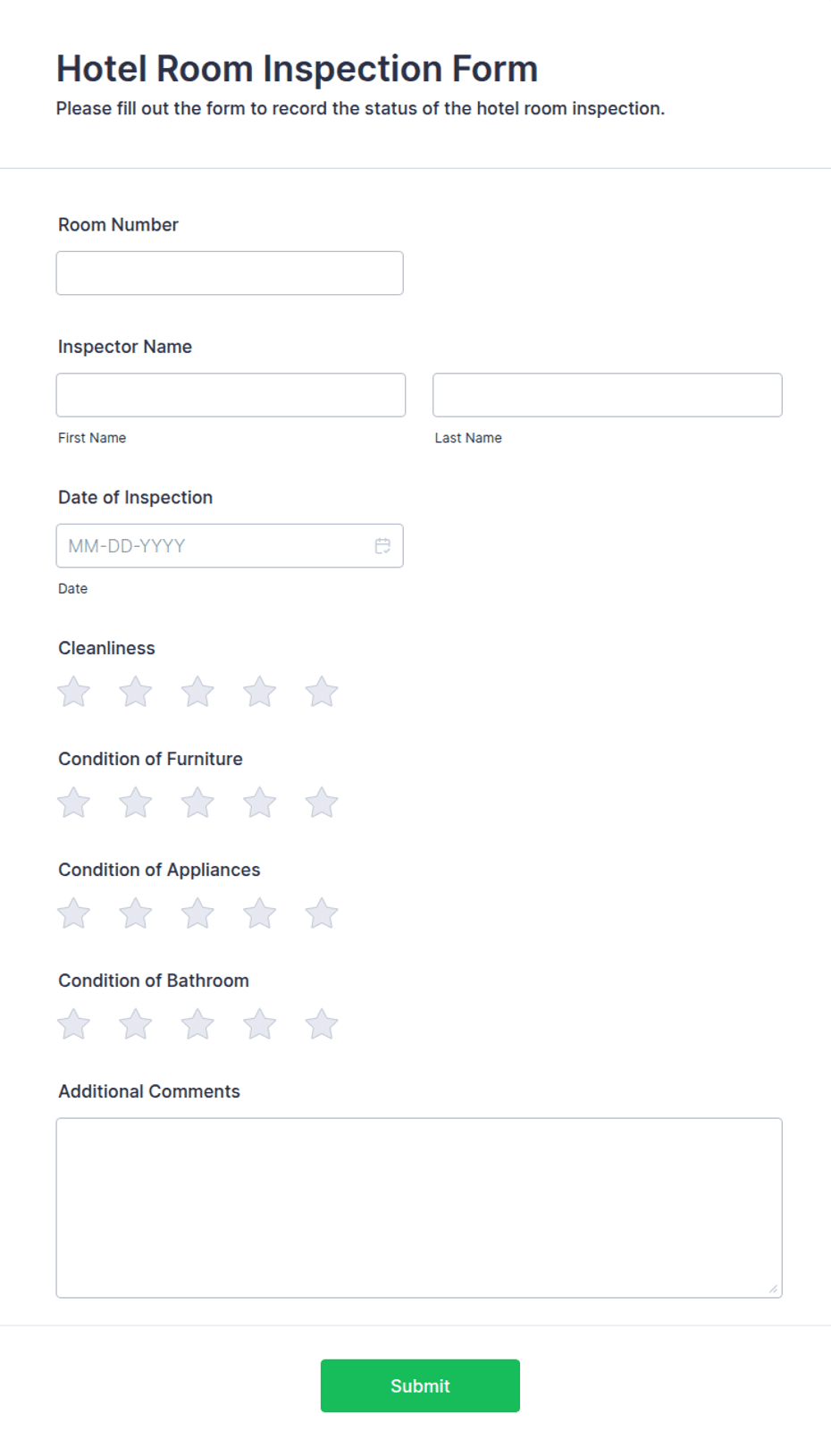 Room Inspection Checklist Form Hotel Room Inspection Form Template | Jotform