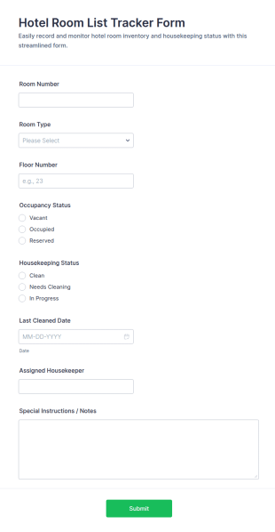 Hotel Room List Tracker Form Template