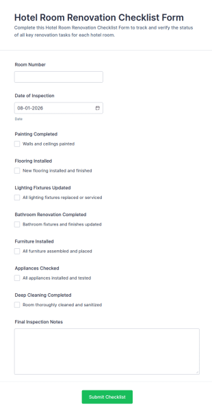 Hotel Room Renovation Checklist Form Template