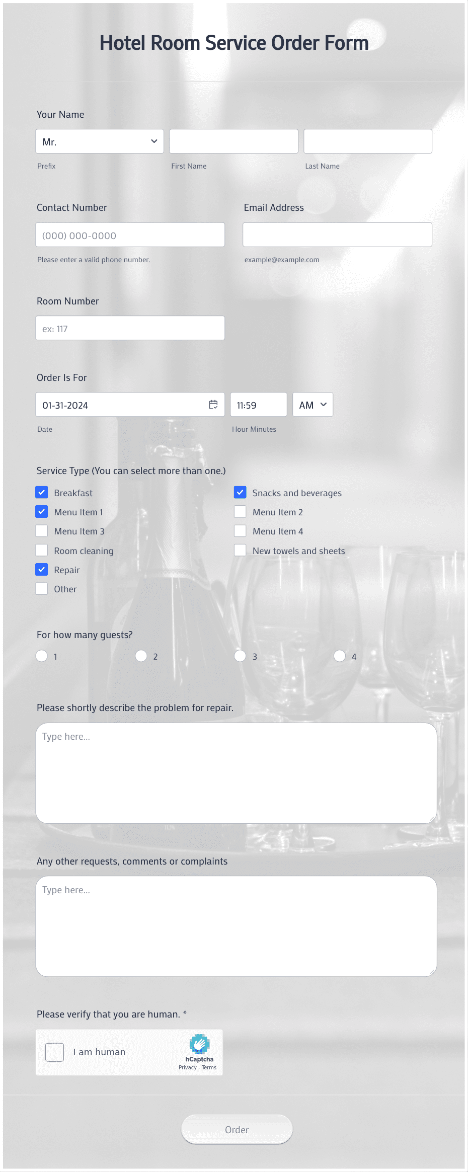 Hotel Room Service Order Form Template | Jotform