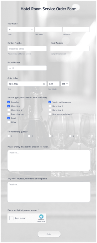 Hotel Room Service Order Form Template