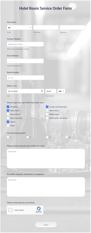 Hotel Room Service Order Form Template