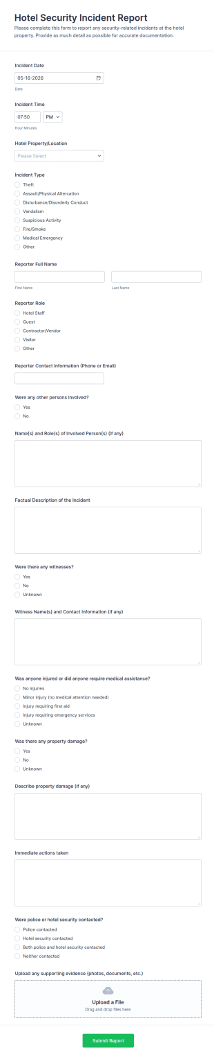 Hotel Security Incident Report Form Template