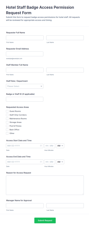 Hotel Staff Badge Access Permission Request Form Template