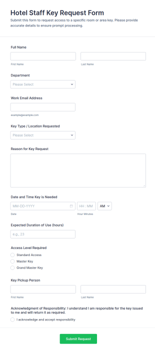 Hotel Staff Key Request Form Template