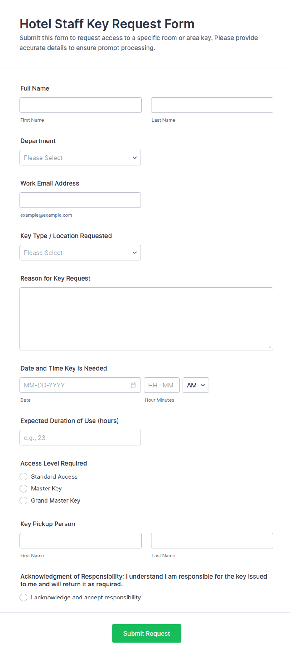 Key Request Form Example Hotel Staff Key Request Form Template | Jotform