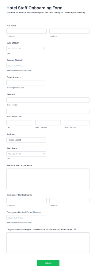 Hotel Staff Onboarding Form Template