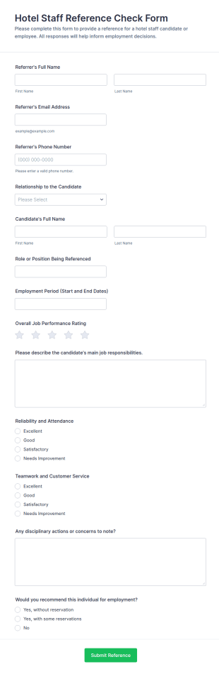 Hotel Staff Reference Check Form Template