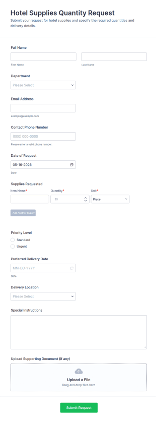 Hotel Supplies Quantity Request Form Template