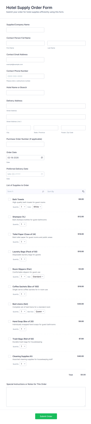 Hotel Supply Order Form Template