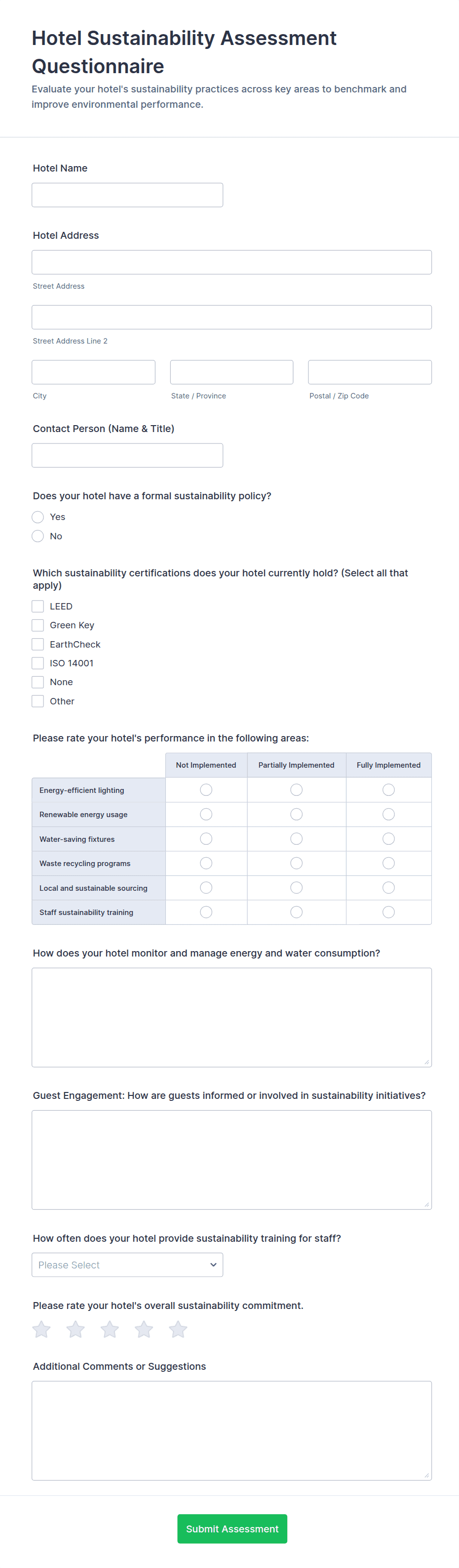 Hotel Sustainability Assessment Questionnaire Form Template | Jotform